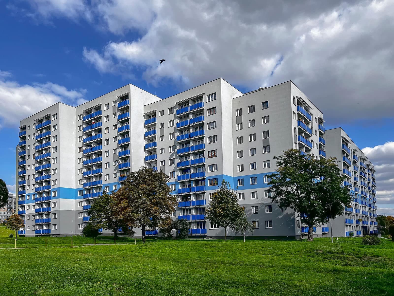 Renovated apartment blocks around a green courtyard — the whole neighbourhood is valued, not just the flat