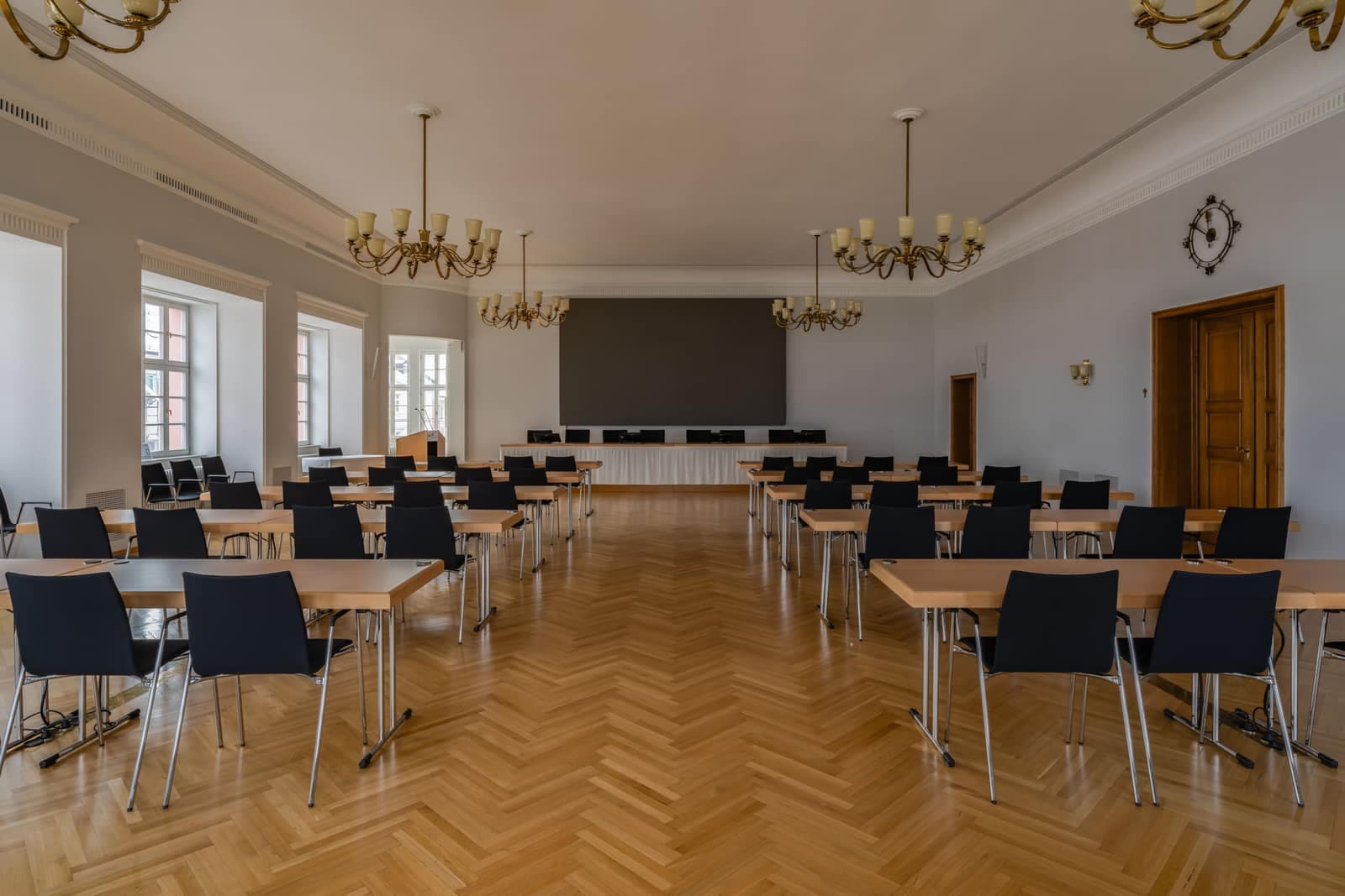 A bright meeting room with a long table